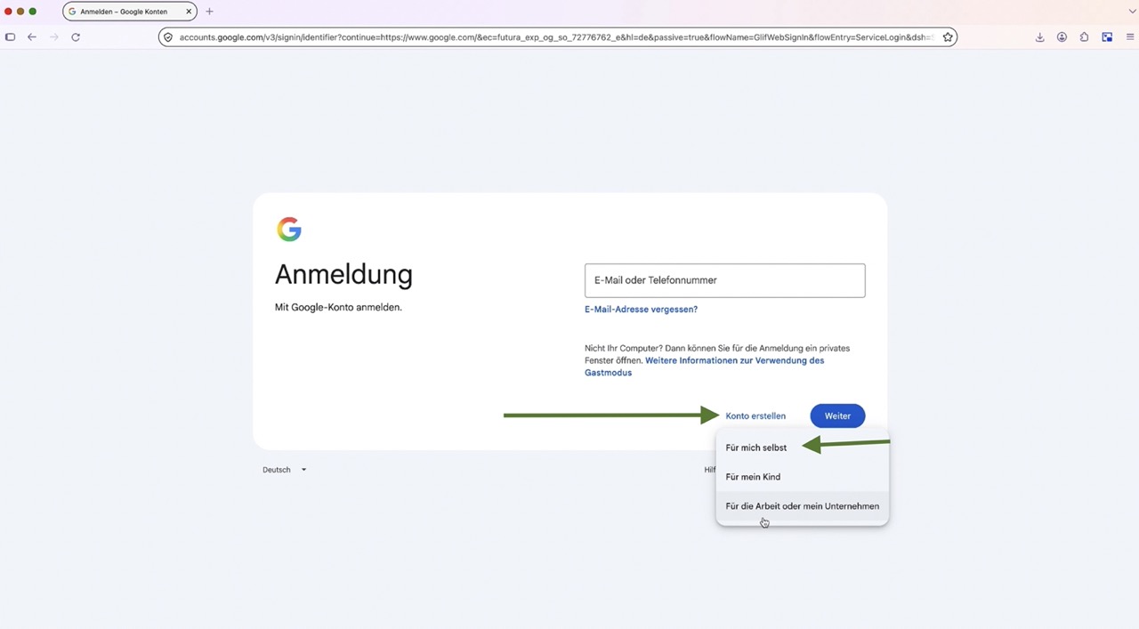 Google-Kontoart für die persönliche Nutzung auswählen