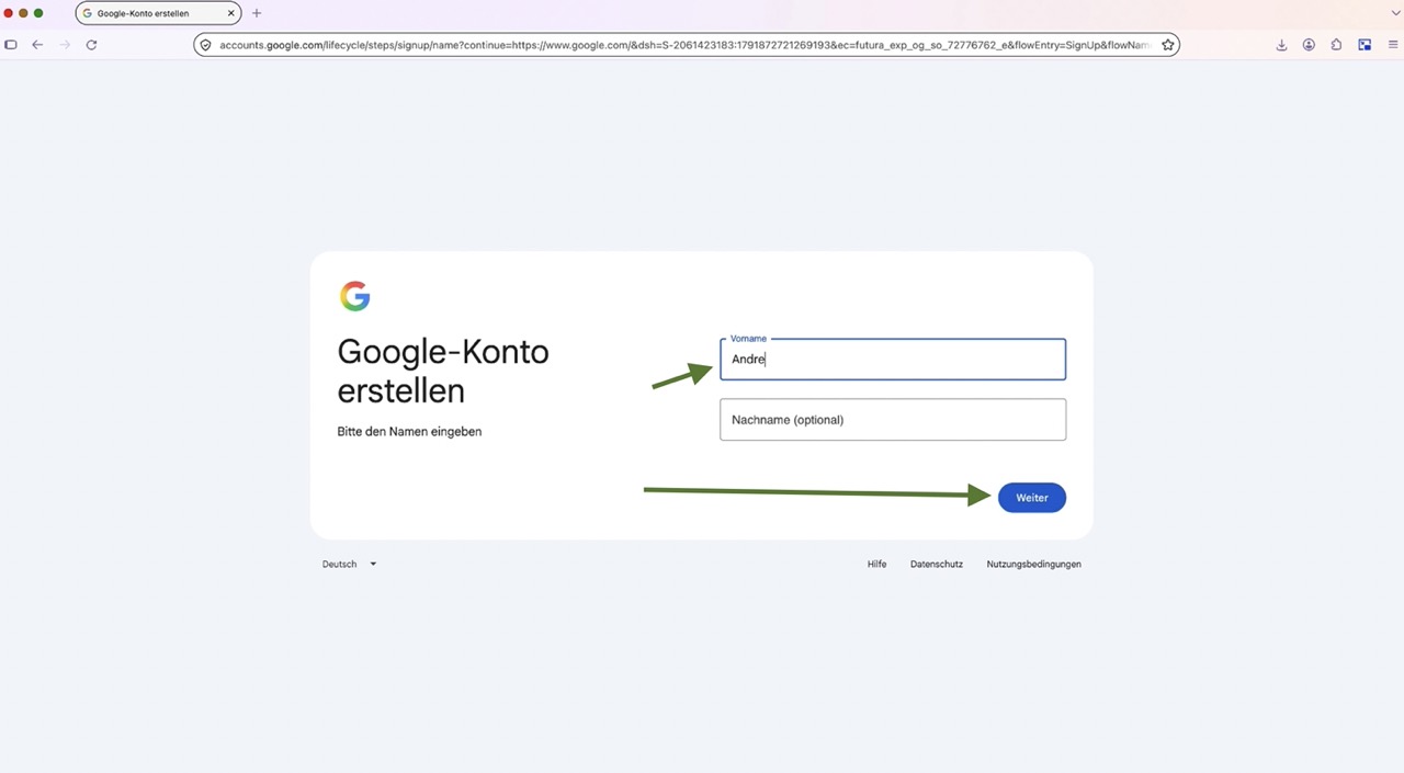 Vorname und optionalen Nachnamen für das Google-Konto eingeben