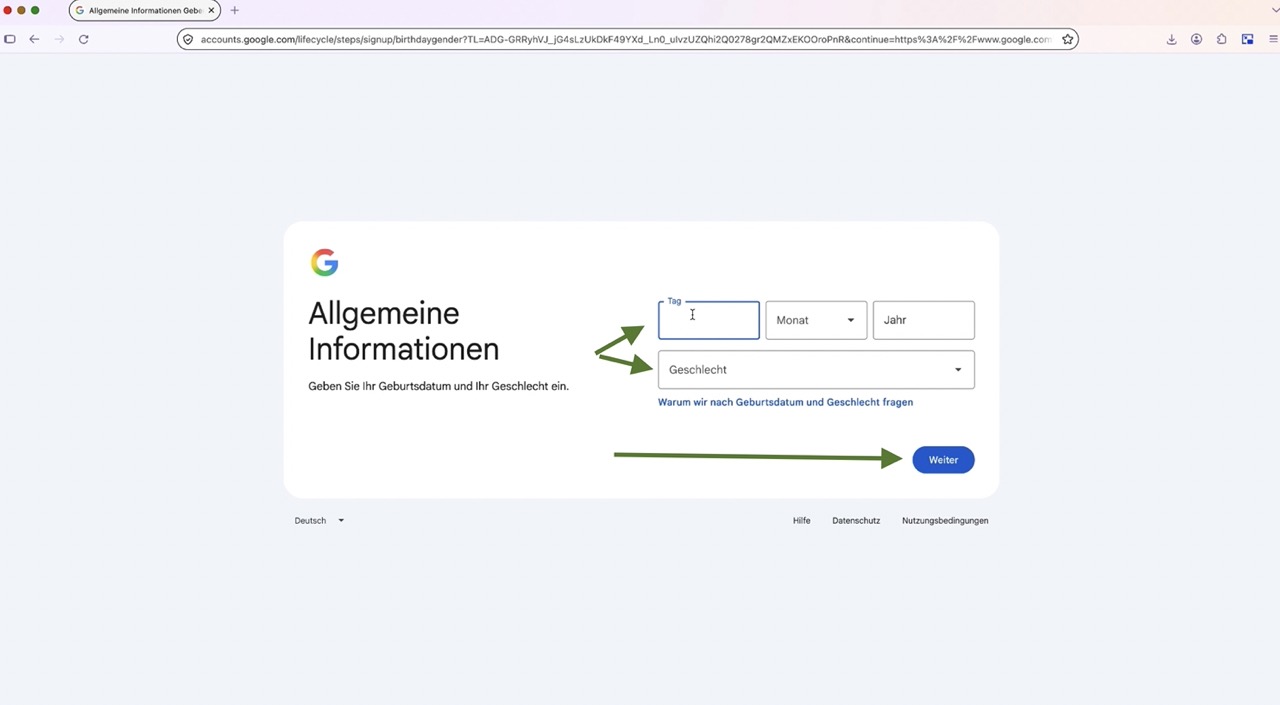 Geburtsdatum und Geschlecht bei der Google-Konto-Erstellung eingeben