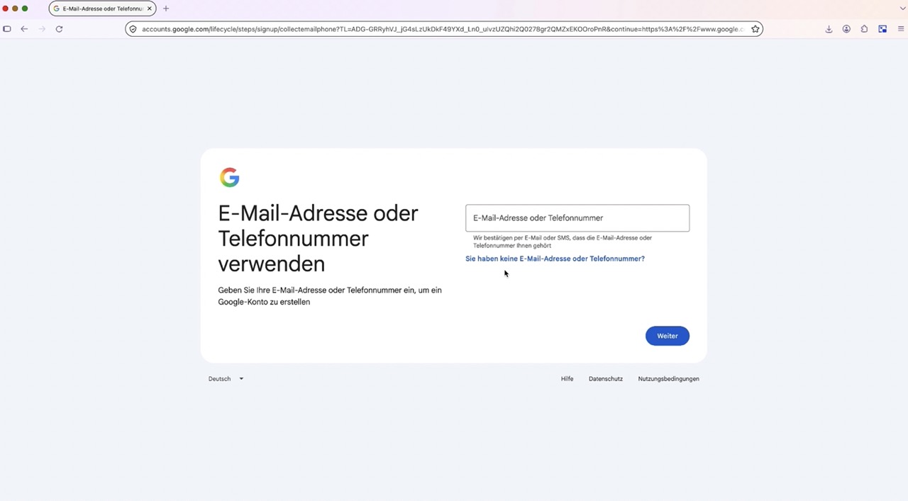 E-Mail-Adresse oder Telefonnummer für das Google-Konto hinterlegen