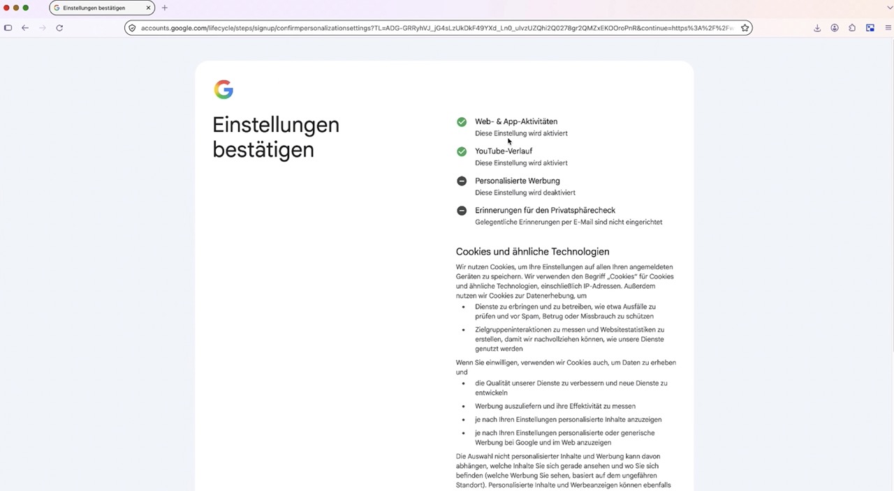 Ausgewählte Google-Einstellungen bestätigen