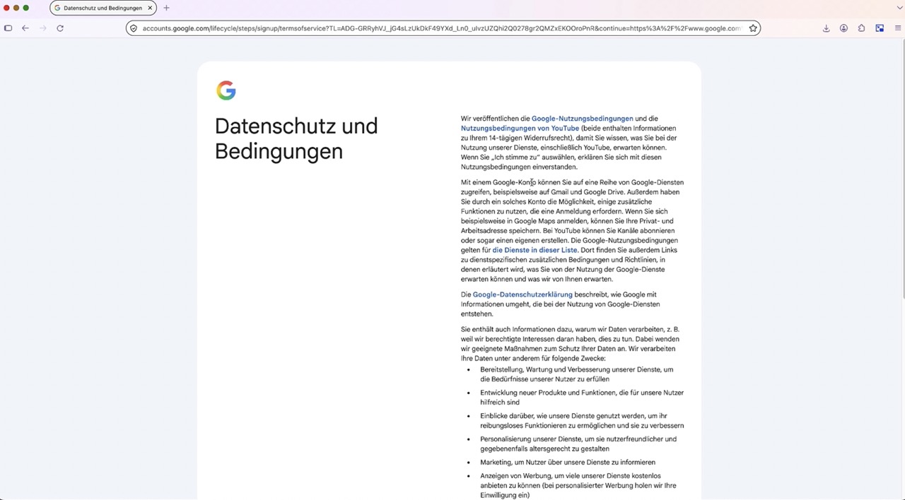 Google-Datenschutzbestimmungen akzeptieren und Konto erstellen