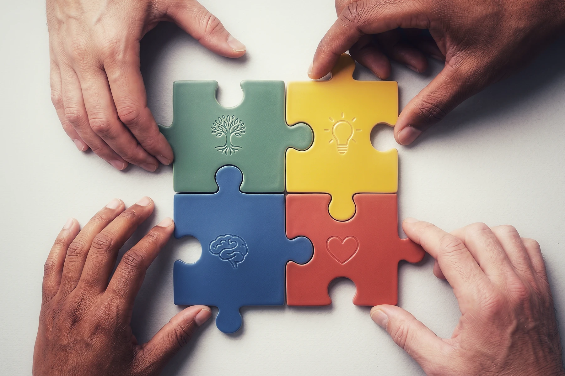 Vier Hände verbinden farbige Puzzleteile mit unterschiedlichen Symbolen zu einem zusammenhängenden Bild