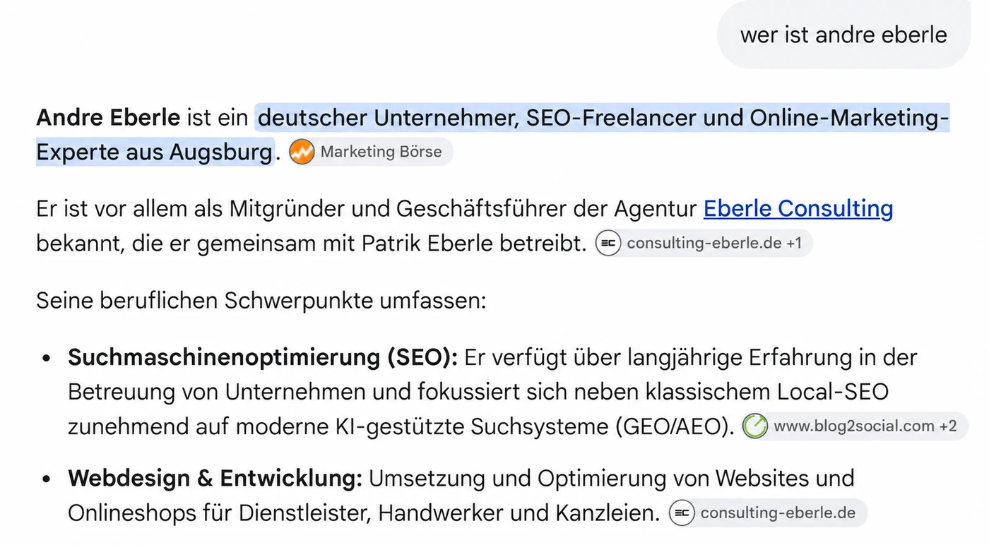 KI-Suchergebnis über Andre Eberle mit Quellenverweisen auf Eberle Consulting und weitere Websites